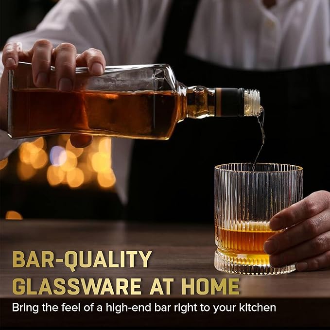 Ribbed Whiskey Glasses Set of 8, 12 Oz Lead-Free Crystal Heavy Base Barware Glass, Perfect for Bourbon Rocks Cocktail Scotch Drinking