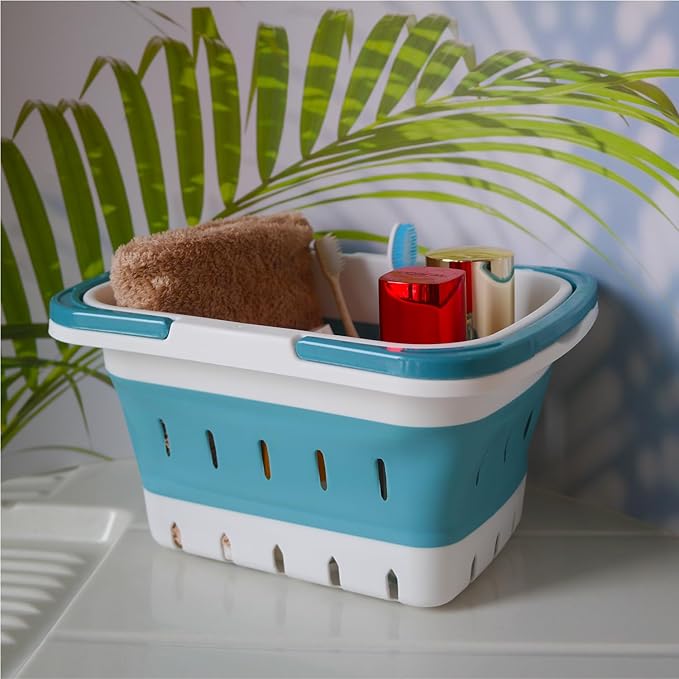 Portable Folding Plastic Bath Caddy with Handle, Perforated, Travel Bathroom Organizer for Bedroom, Bathroom, Shower, Dorm Room, Camping and RV Use (Grey, 1 pack)