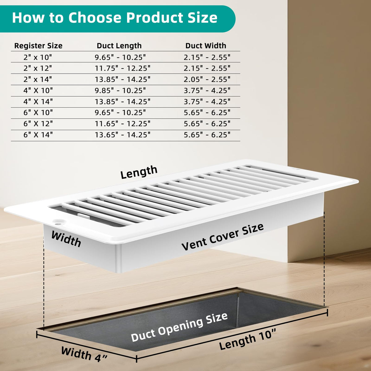Floor Register 4x10-2 Pack Floor Vent Covers with Screw Walkable Vent Covers for Home Floor Ac Vent Cover Floor Vent Covers Adjustable Airflow HVAC Register Grilles