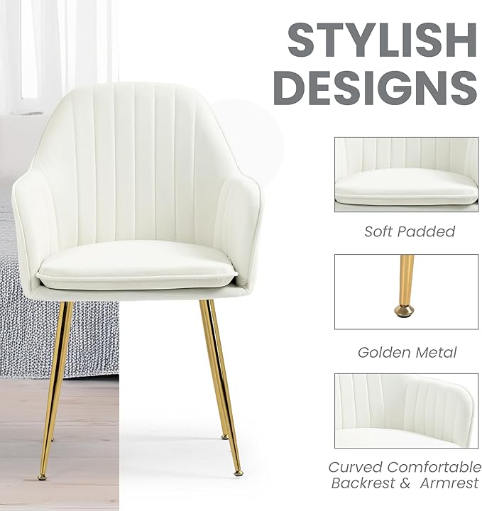 ECOTOUGE Modern Dining Chairs Set of 6, Upholstered Armchairs with Golden Metal Legs, Matte Velvet Kitchen Chairs for Dining Table, Accent Chairs for Living Room, Beige