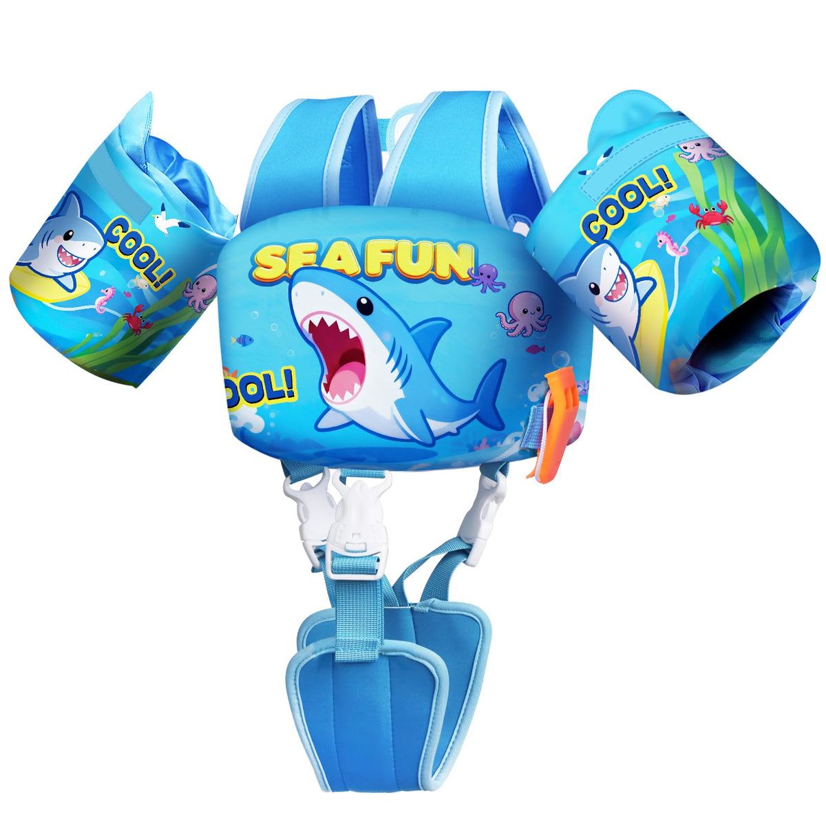 ReePlan Toddler Swim Vest for Kids 13-30-50-66 Lbs, Adjustable Swim Training Vest with Arm Floaties Reflective Strips Shoulder Straps & Secure Crotch Strap, with Whistle, Ages 1-2-3-4-5-6 Pool & Beach
