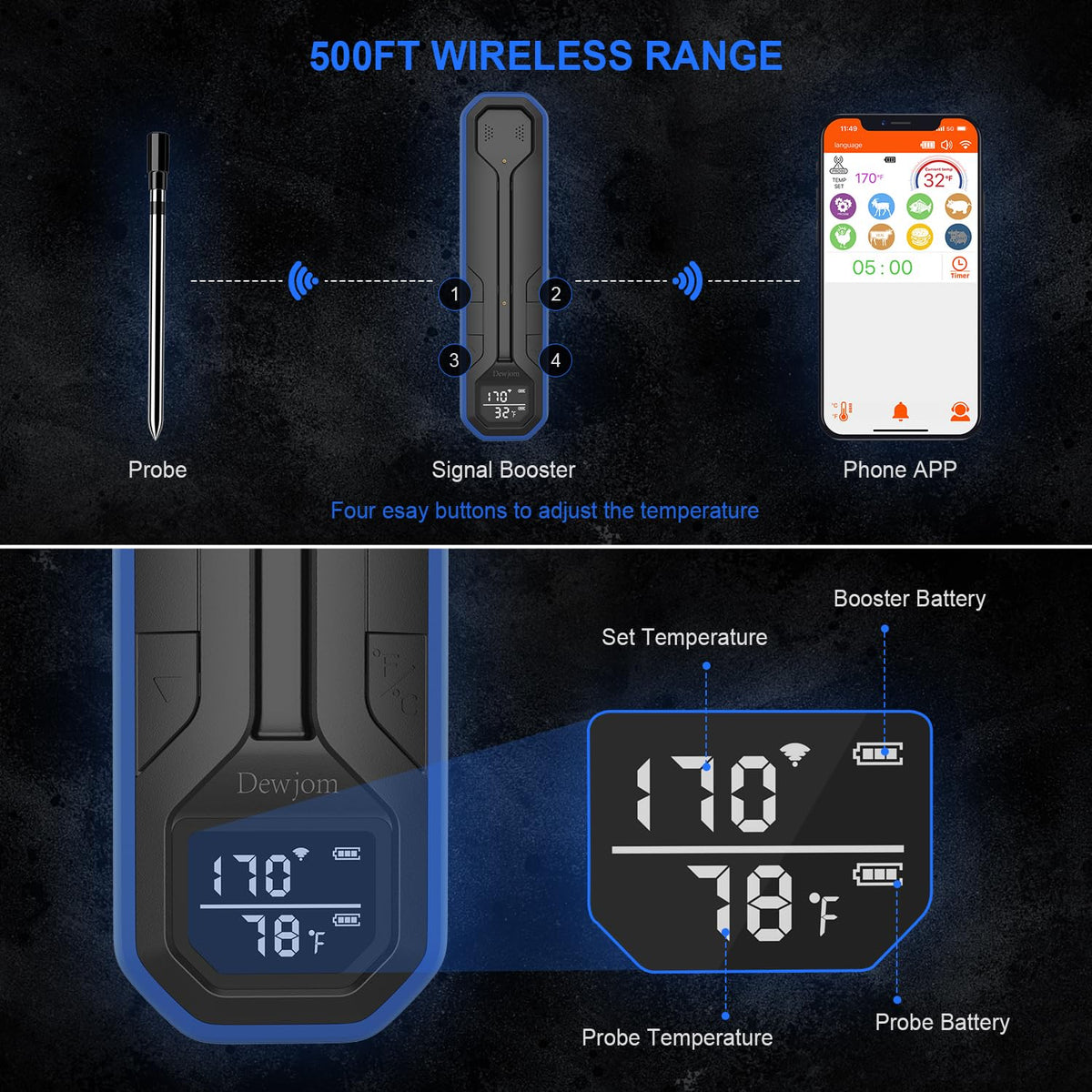 Wireless Meat Probe Thermometer with APP Control for BBQ Grill Smoker Oven