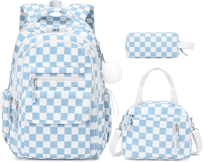 Bevalsa Backpack for Gilrs, 3PCS Corduroy Kids Backpack Set with Lunch Box & Pencil Pouch, Bookbag Daypack Laptop Bag for Women Teens Elementary Middle High School
