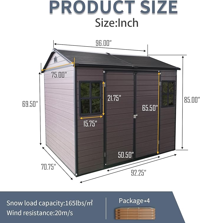 8' x 6' Resin Storage Shed Outdoor, PP Material & Strong Structure for All Weather, Plastic Garden Shed w/Window for Garden, Backyard, Poolside and Lawn, 15mm Thick PP Board - Brown