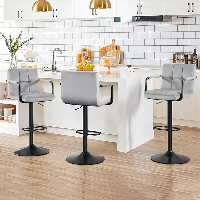 Furnimart Adjustable Bar Stool Swivel Barstools Set of 2 Counter Stools with Armrest and Footrest Upholstered Bar Chairs for Kitchen and Dining Room (Velvet-Grey)