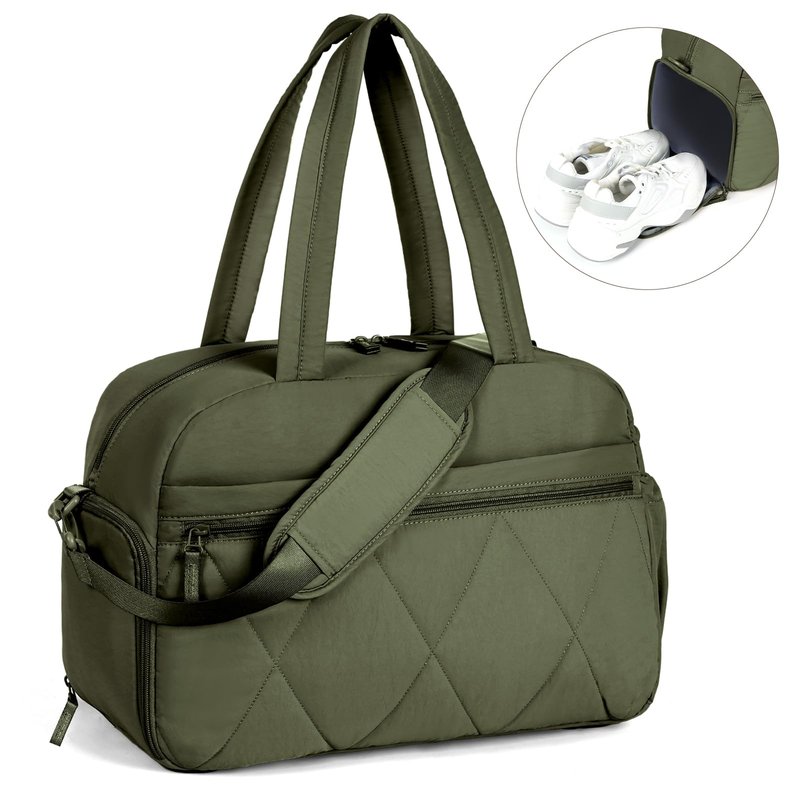 Lekespring Gym Bag for Women, Puffer Travel Duffle Bag With Shoes Compartment & Wet Pocket, Carry On Tote Bag For Weekender, Overnight, Sport duffel bags for traveling (Green, Medium)