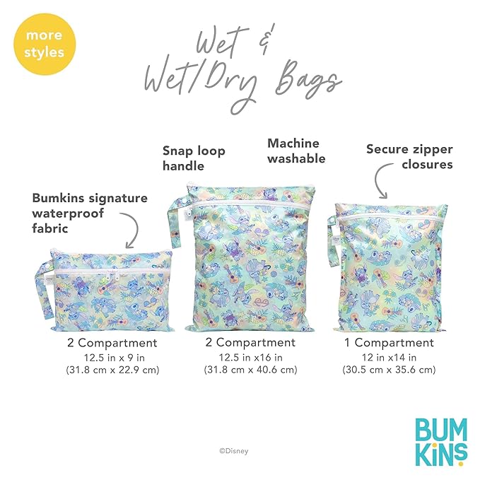 Bumkins Disney Waterproof Wet Dry Clutch Bag for Baby, Travel, Swim Suit, Cloth Diapers, Pump Parts, Pool, Gym Clothes, Toiletry, Strap to Stroller, Daycare, Zip Reusable Bag, Packing Pouch, Stitch