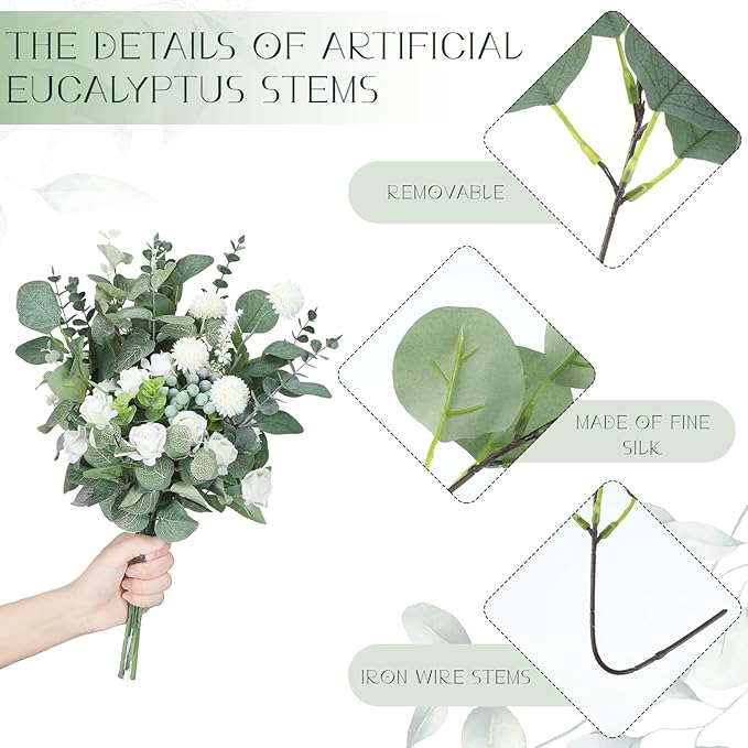 Giegxin 1000 Pcs 3 Kinds Mixed Eucalyptus Leaves Stems Bulk Artificial Silver Dollar Leaves Picks Dried Eucalyptus Bundle Faux Spray for Wedding Vase Bouquet Floral Arrangement (Green)