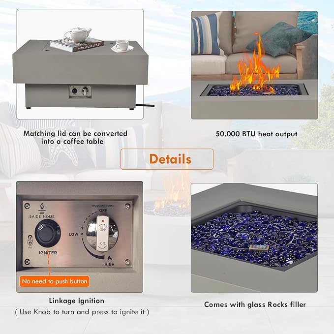 Propane Fire Pit Table, 32.5-inch 50,000 BTU Outdoor Gas Fire Table for Patio w/Lid, Glass Rocks, Cover, Pre-Attached 10ft Propane Hose, Flint Gray