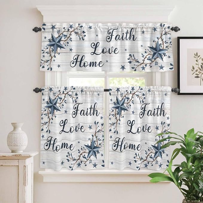 Kitchen Curtains Tiers and Valance Set of 3, Farmhouse Light Filtering Window