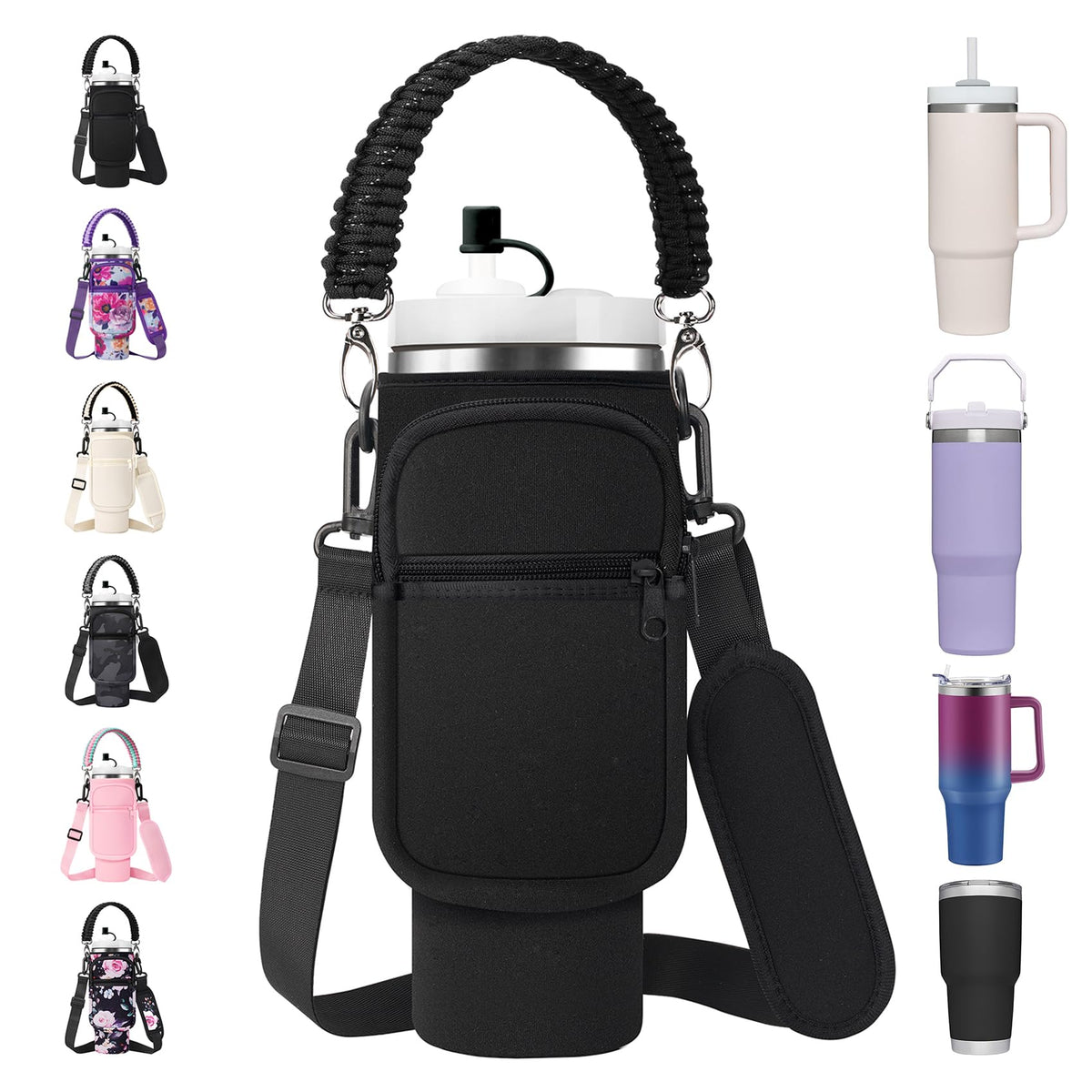 30 oz Stanley Cup Carrier Bag with Paracord Handle, Neoprene Insulated Travel Tumbler Sleeve w/ 2 Pockets & Straw Cover Cap, Stainless Steel Mug Holder Pouch for Stanley Cup Accessories-Black
