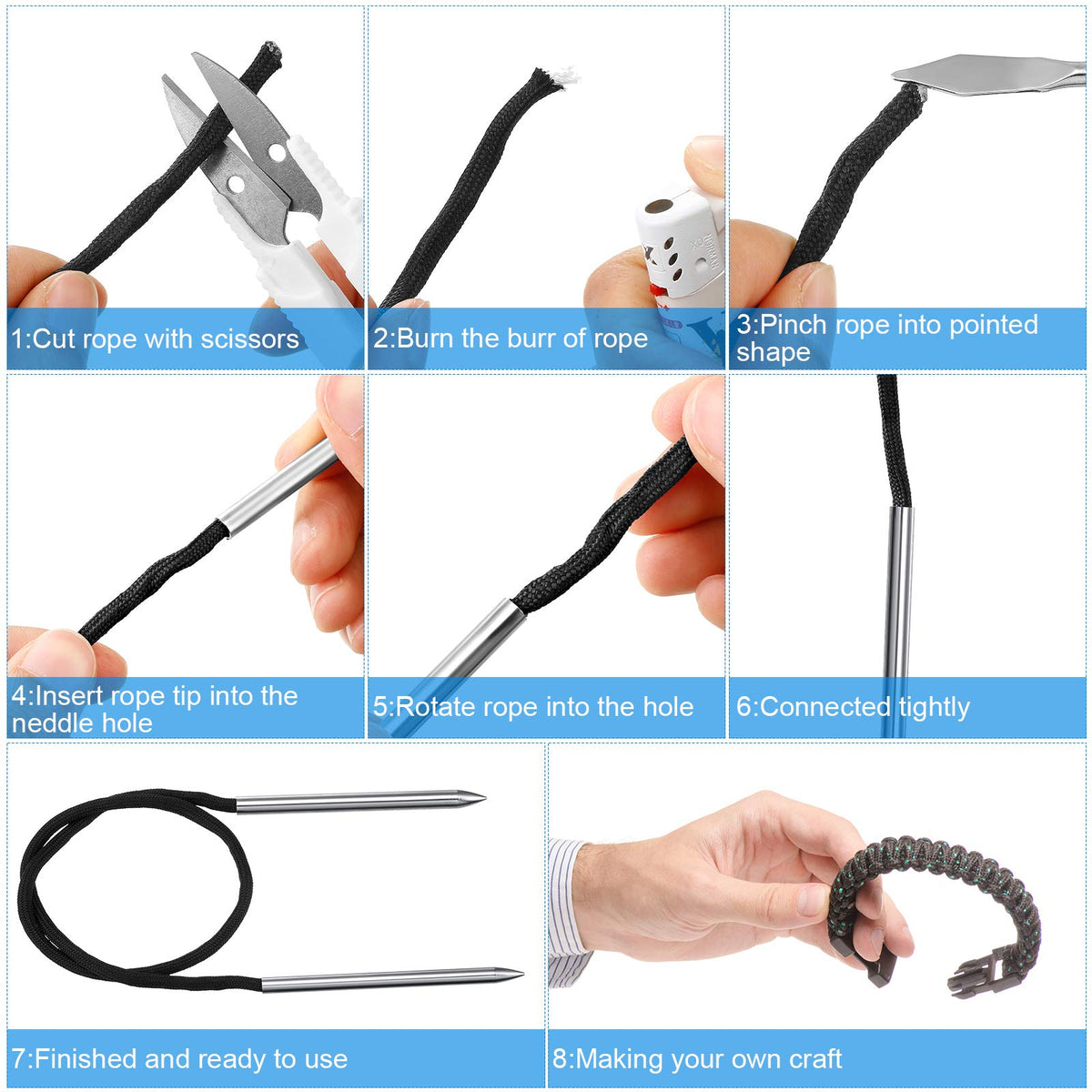 Ferraycle 12 Pcs Paracord FID Set Stainless Steel Knotter Tools Marlinspike Set Paracord Stitching Lacing Stitching Needles and Smoothing Tool Knotter Work Tools for Leather Weaving(Black)