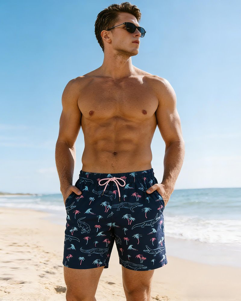 SURF CUZ Mens Swim Trunks with Compression Liner Quick Dry Swim Shorts 7" Swimming Trunks Stretch Zipper Pockets,Neon Crocodile,XS