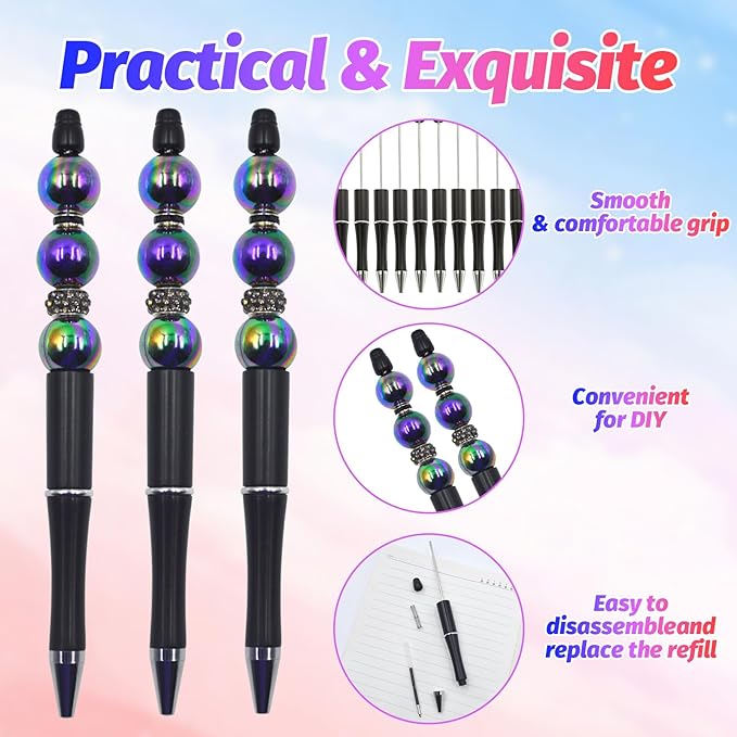 300 Pieces DIY Beadable Pen Kit – 100 Plastic Ballpoint Pens with Refills & Bags – School Supplies, Office Accessories & Decorative Items for Students & Teachers (Black)