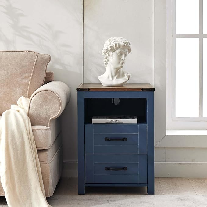 Farmhouse Night Stand, Rustic Blue Nightstand for Bedroom, End Tables with Charging Station, Bedside Table with Drawers, Wood Bedside Cabinet Dresser