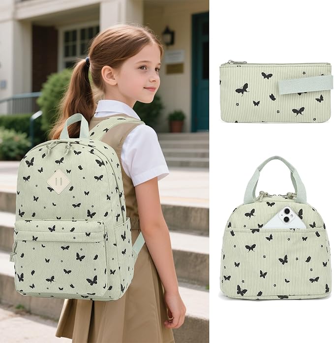 Corduroy Girls Backpack Set, 3PCS School Backpacks for Kids Elementary Middle School Bags with Lunch Box Pencil Case (Green Corduroy Butterfly)