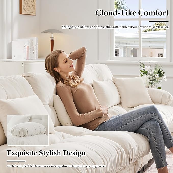 133.8" Oversized White Chenille Cloud Couch, 3 Seater Modular Sectional Sofa, Deep Seat Fluffy Couch Set with 5 Pillows