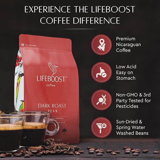 Lifeboost Dark Roast Low Acid Coffee Beans, Certified Organic, 12oz
