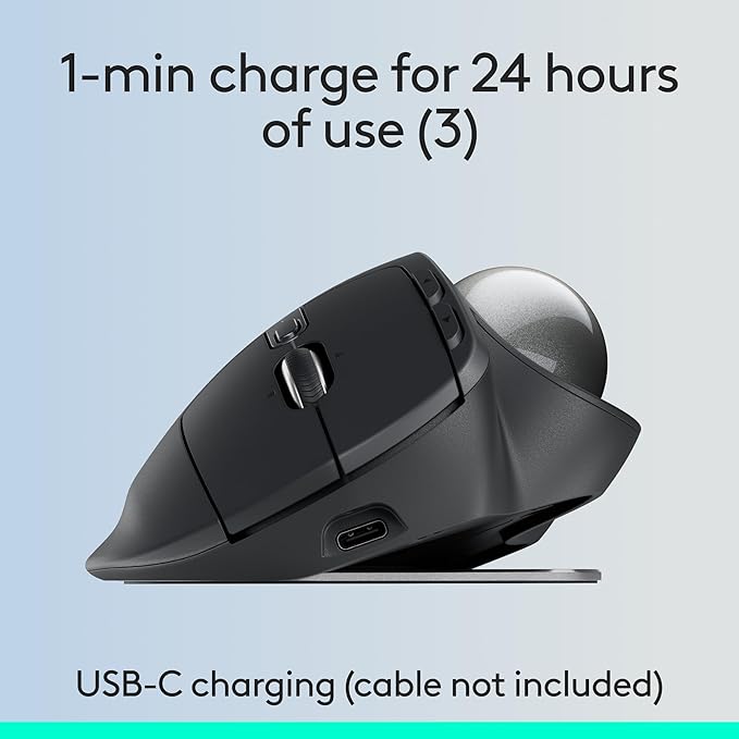 Logitech MX Ergo S Advanced Wireless Trackball Mouse, USB-C Rechargeable Wireless Ergonomic Mouse with Bluetooth and Encrypted Dongle, 6 Programmable Buttons, for PC/Mac