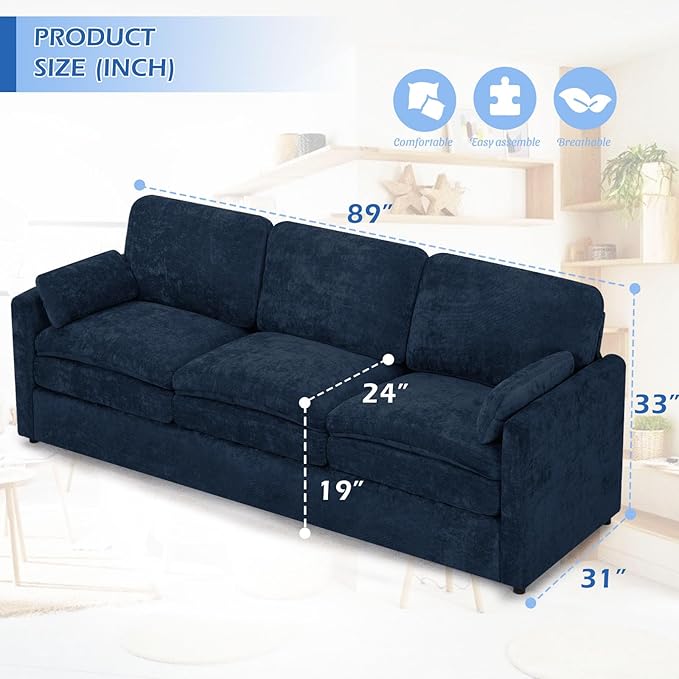 3 Pieces Chenille Sofa Set w/Arm Pillows, Upholstered Loveseat & 2 Pieces 3 Seater Sofa w/Comfortable Back Cushions, Modern 2-Seat & 3-Seat w/High-Density Foam for Living Room, Blue