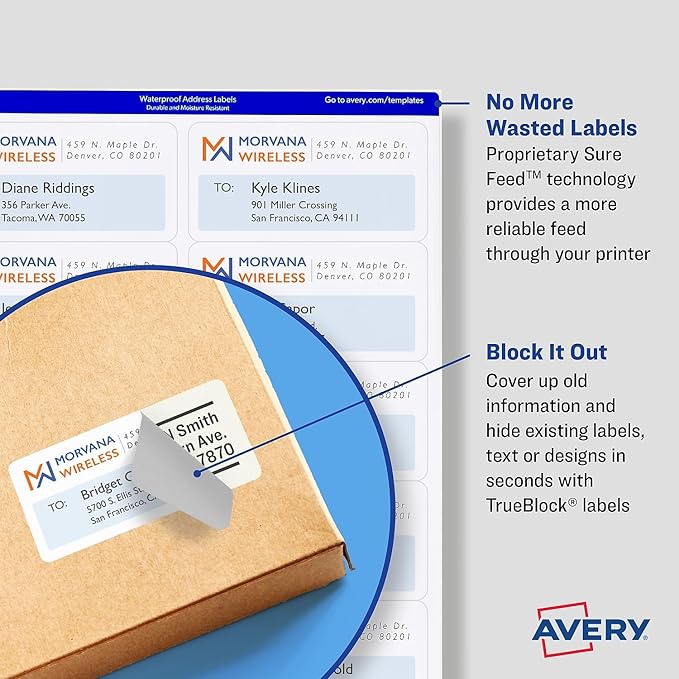 Avery Printable Blank Shipping Labels, 2.5" x 4", White, 200 Labels, Laser Printer, Permanent Adhesive (5816)