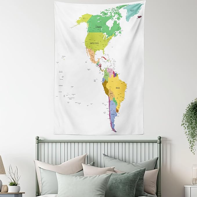 Ambesonne Map Tapestry, Map of South and North America with Countries Capitals and Major Cities Colorful Design, Fabric Wall Hanging Decor for Bedroom Living Room Dorm, 23" X 28", Green White