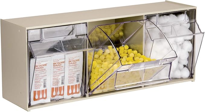 Akro-Mils TiltView Plastic Storage Cabinet with 3 Tilt Out Bins, Horizontal Plastic Parts Organizer, Teacher Toolbox, and Office Supply Organizer, 23-5/8" W x 9-7/16" H x 7-7/8" D, Stone