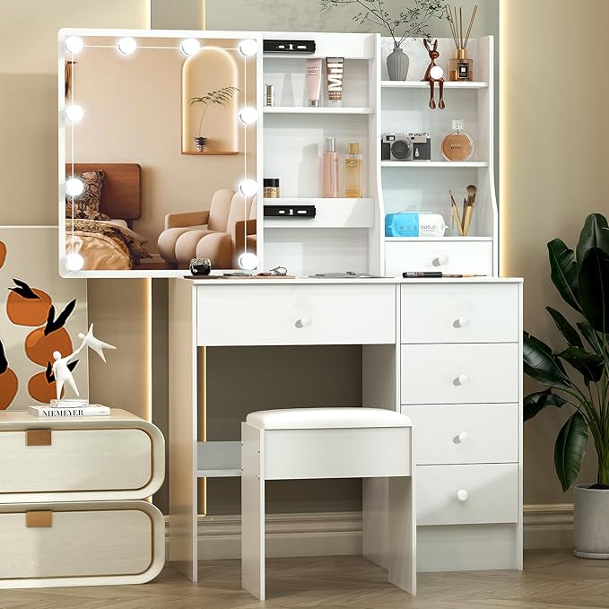Small Vanity with Mirror and Lights,Vanity Table with 6 Drawers 6 Storage Shelves & 10 LED Bulbs Slide Mirror for Bedroom,White,31.5" L*14.2" W*51.2" H