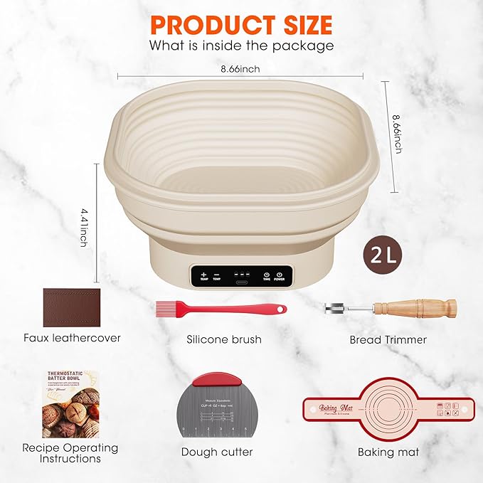 Upgrade Heating Sourdough Bread Proofing Basket Kit, Electric Thermostatic Silicone Banneton Baking Supplies, 6 Adjustable Temperature, 10 Inch Square Foldable Sourdough Proofing Bowl