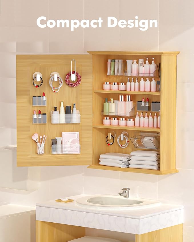 Medicine Cabinet Door Organizer, 8-Pack Bathroom Mirror Cabinet Door Storage, Clear Acrylic Cosmetic Display Case Adhesive Wall-Mounted Shelves Vanity Makeup Organizers Caddy Holder for Lipstick