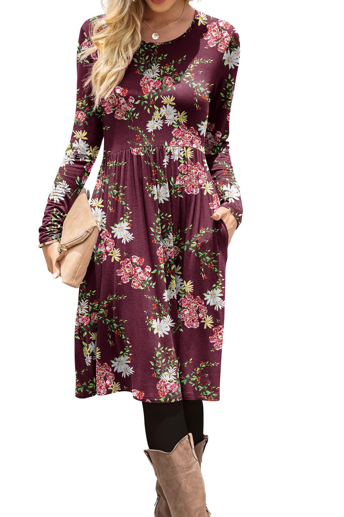 DB MOON Women Casual Long Sleeve Dresses Empire Waist Loose Dress with Pockets (Army Green, 2XL)