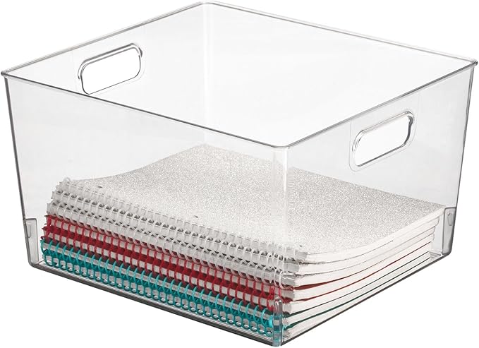 mDesign Plastic Stackable Bin Storage Organizer Basket Container with Handle for Home Office, Kitchen Cabinet, Pantry Shelf Organization - Holds Notebook, Books, Food - Ligne Collection, 4 Pack, Clear