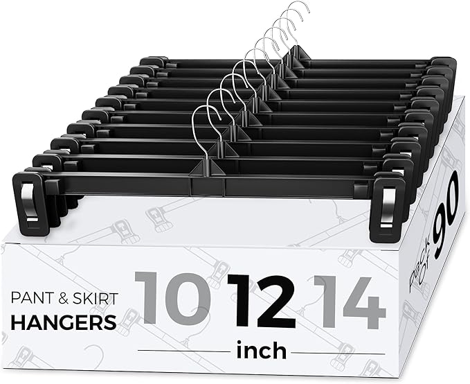 Smartor Space Saving Skirt Hangers - 90 Pack, Slim Plastic Pants and Shorts Hangers, Ridged Non-Slip with Pinch Clips, Black Clip Hangers for Women, 360-Rotating Chrome Swivel Hook, 12 Inches