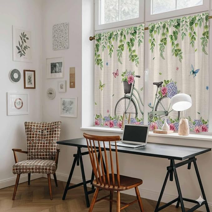 Farmhouse Spring Tier Curtains, Retro Bicycles Flowers Vines Butterfly Light