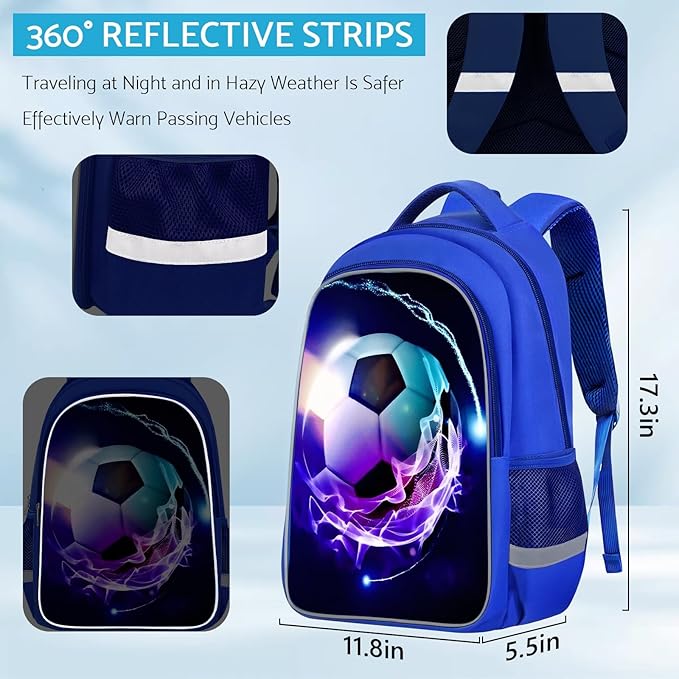 School Backpack for Boys - Soccer Boys Backpack for Kids Children Teens Elementary Middle School - Students Bag for Ages 6-18,17″Bookbag Multifunctional Large Capacity