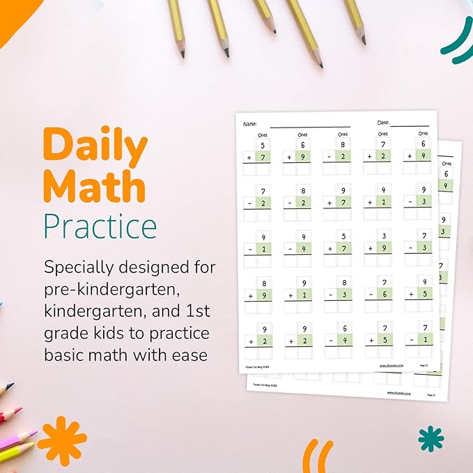 Channie’s One Page A Day Single Digit Addition & Subtraction Workbook for Pre-Kindergarten - 1st Grade Elementary School Students, Single Digit Math Practice, 50 Pages
