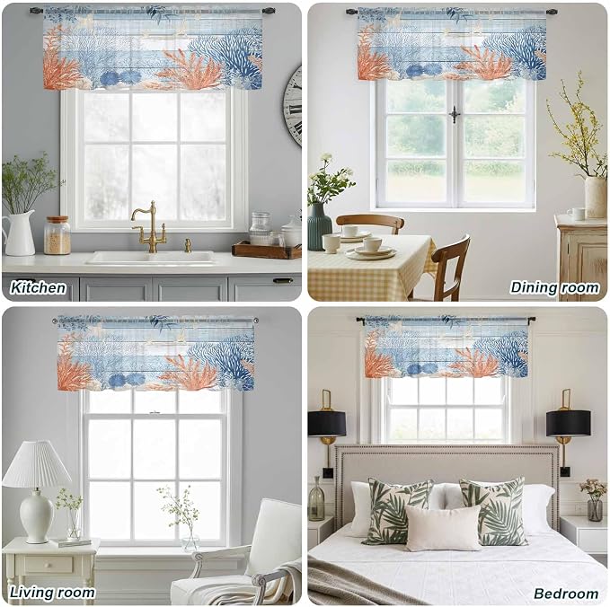 Ocean Corals Sheer Valance Curtains, Summer Beach Coral Sea Stars Blue Wood
