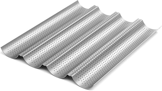 Tiawudi 2 Pack Nonstick Perforated Baguette Pan 15" x 13" for French Bread Baking 4 Wave Loaves Loaf Bake Mold Oven Toaster Pan (Silver)