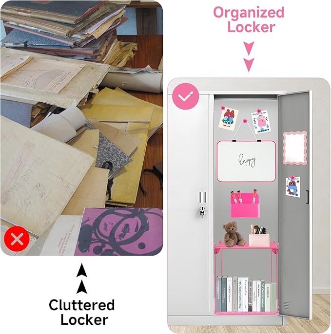 12 Pcs Locker Organizer and Decorating Kit, First Day of School Essentials Marble Print board with Markers Locker Shelf Plush Area Rug String Light Mirror Magnetic Cup and Magnet (Rose Red)