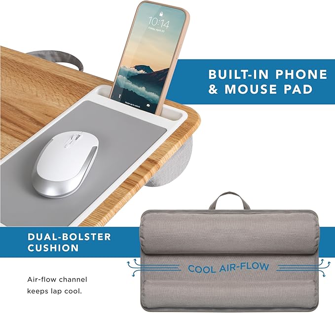 LAPGEAR Home Office Lap Desk with Device Ledge, Mouse Pad, and Phone Holder - Oak Woodgrain - Fits up to 15.6 Inch Laptops - Style No. 91589