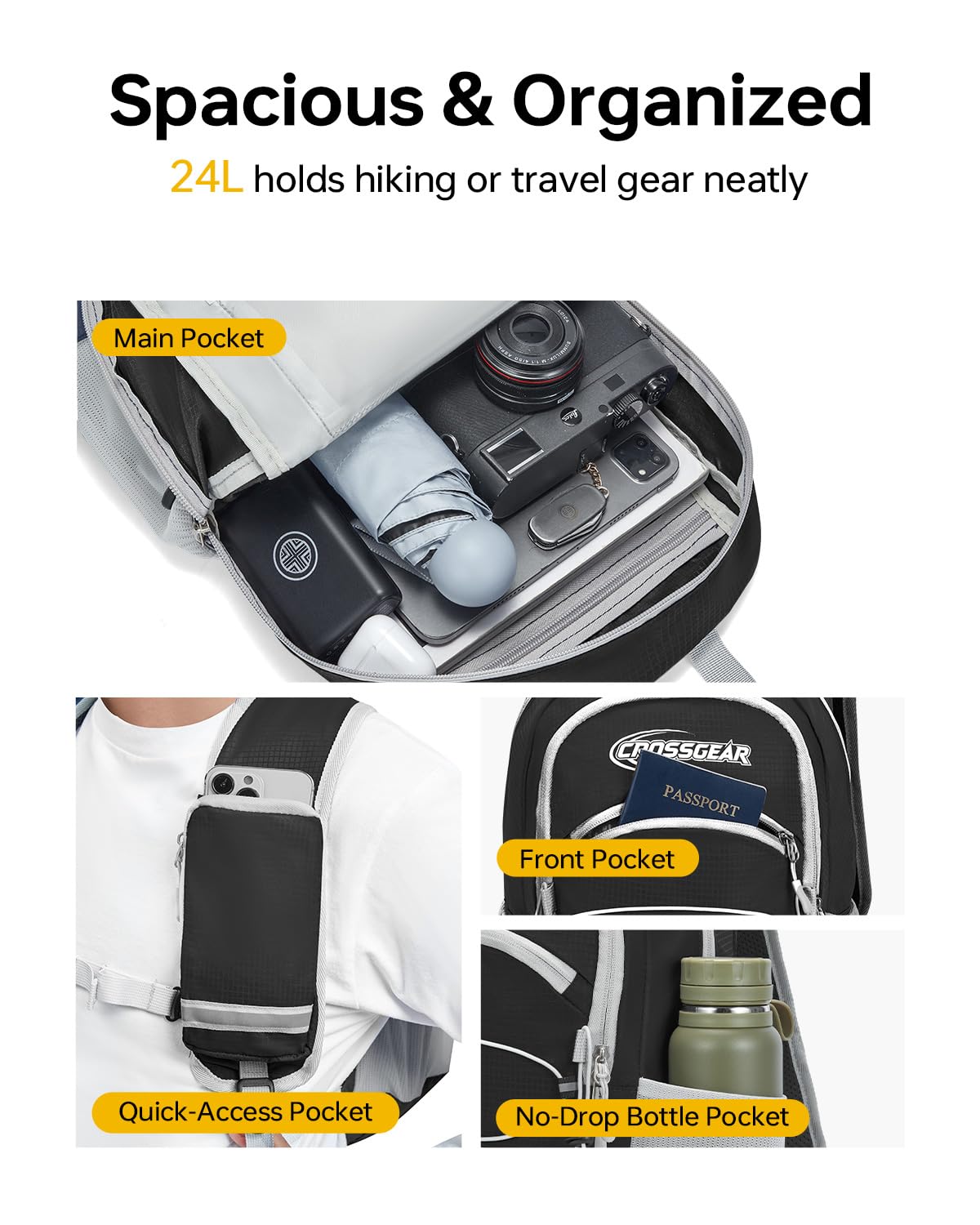 CROSSGEAR 24L Hiking Backpack, Lightweight Foldable Packable Daypack with RFID Pocket, Multi-Pocket, Nylon Small Travel Backpack, Water Resistant for Travel, Camping, Outdoor, Black