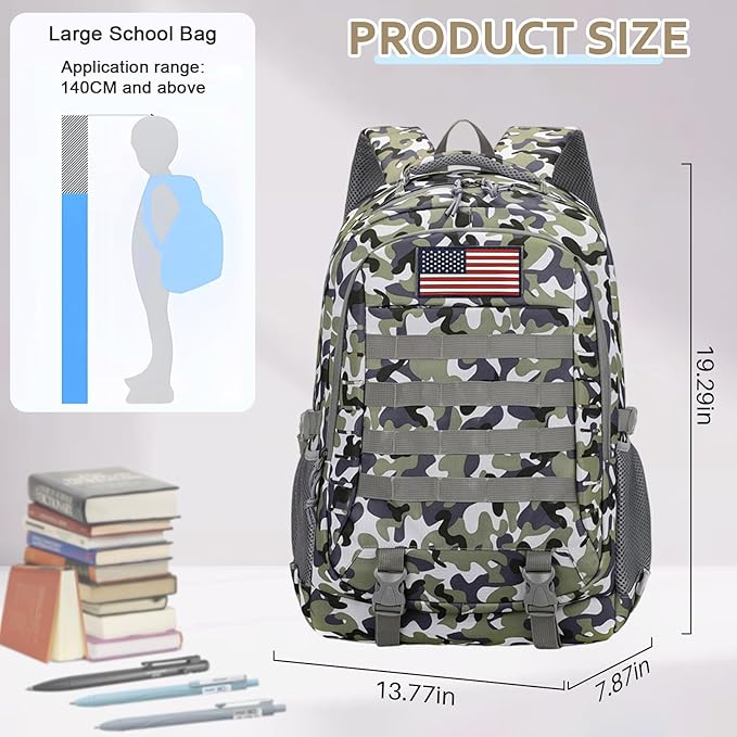 35L Camo Tactical Backpack for Boys - Waterproof 19'' Kids Bookbag with 15.6" Laptop Compartment, MOLLE System School Bag for Camping Hiking Travel