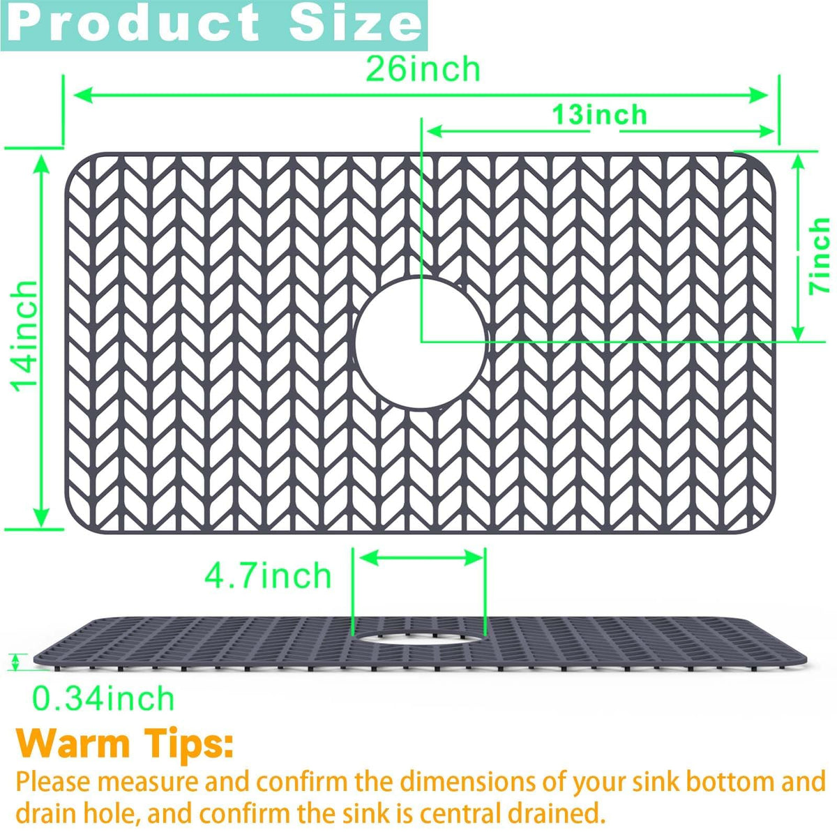 AWOKE Sink Protectors for Kitchen Sink - 26"x 14" Sink Mat - Heat-resistant Easy-clean Silicone Sink Mat - for Protection of Stainless Steel Sink - with Center Drain (Grey),Kitchen Sink Accessories