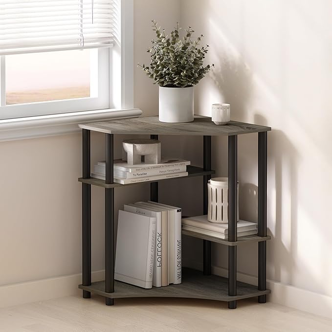 Furinno Turn-N-Tube Storage Shelves, 4-Tier Corner Shelf, Display Rack, Corner Bookshelf, for Organization and Storage, Living Room, Home Office, French Oak