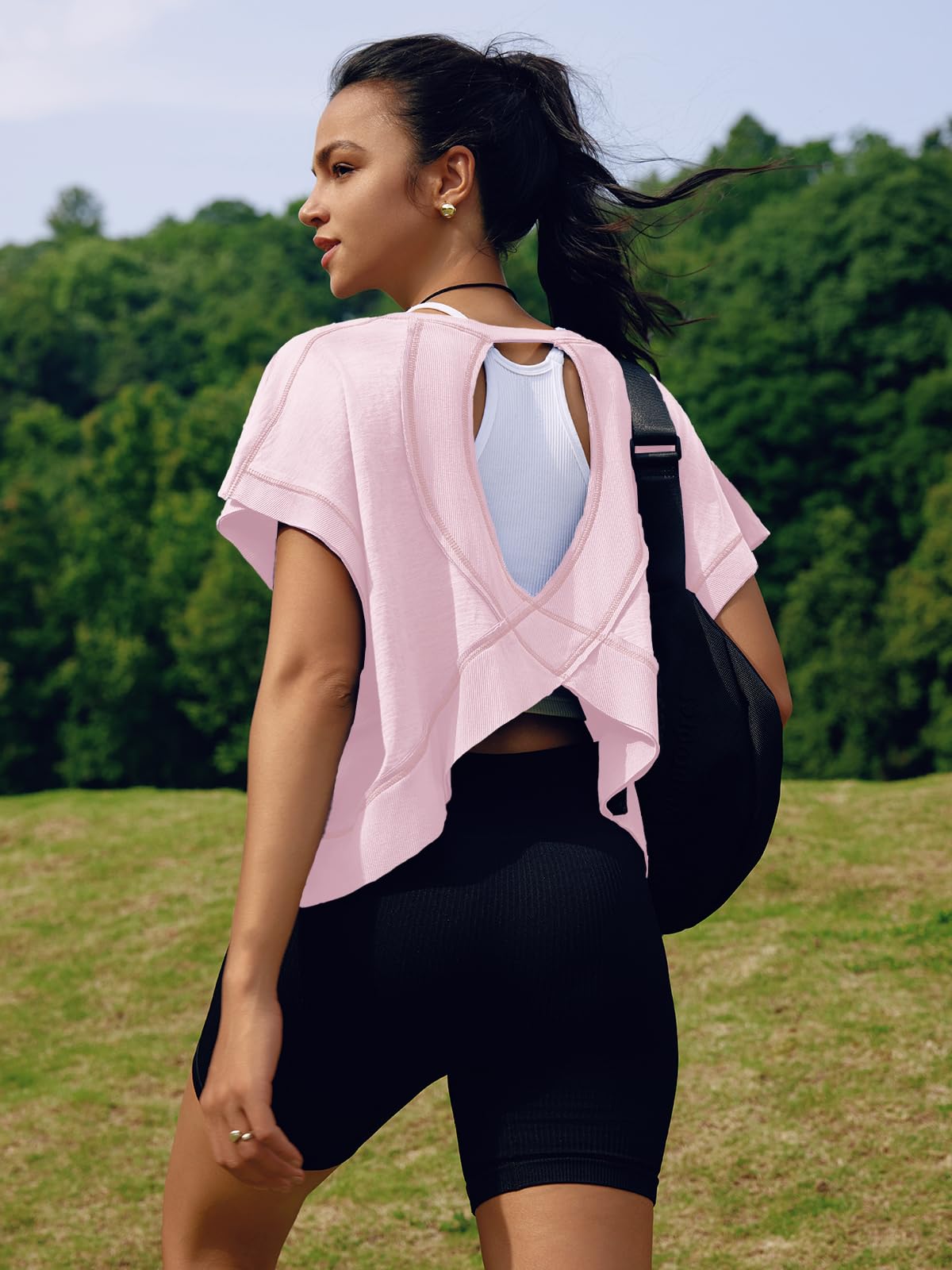 SENSERISE Womens Open Back Workout Tops Backless Short Sleeve Athletic Shirt Running Crop Top Gym Yoga Tee(Pink,S)