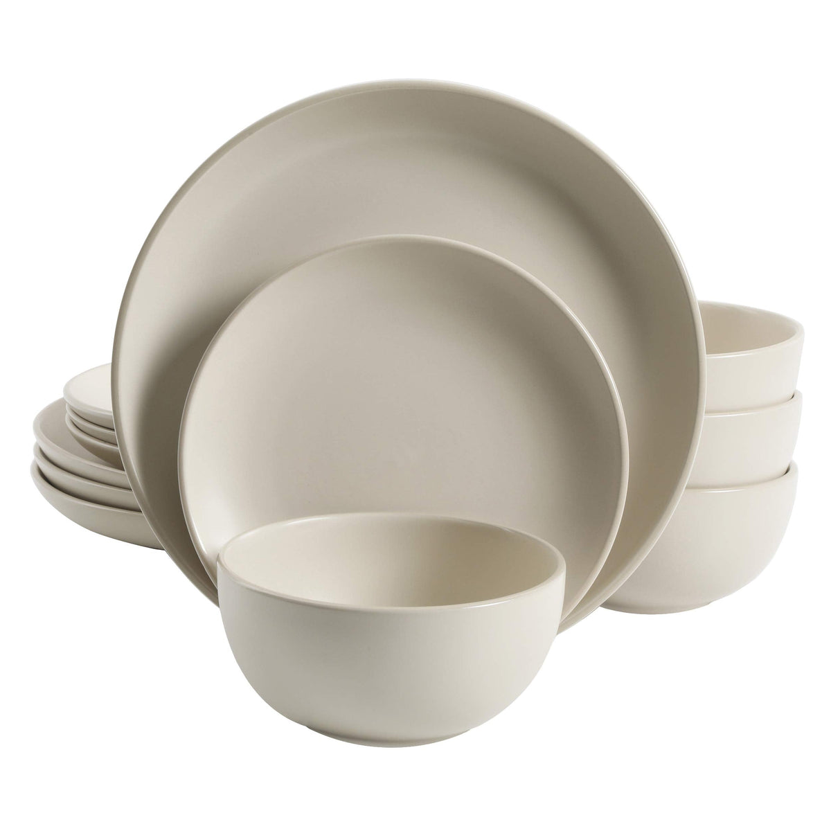 Gibson Home Rockaway 12-Piece Round Stoneware Dinnerware Set, Service for 4 – Cream Plates and Bowls, Modern Matte Finish, Microwave & Dishwasher Safe