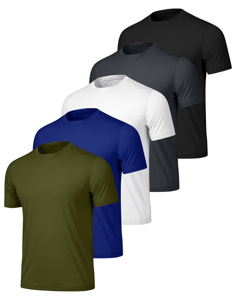 Mens Shirts 5 Pack Lightweight Dry Fit Workout Running Gym Training Athletic Crew Neck Short Sleeve Tees Black/Darkgrey/White/Light Blue/ArmyGreen L