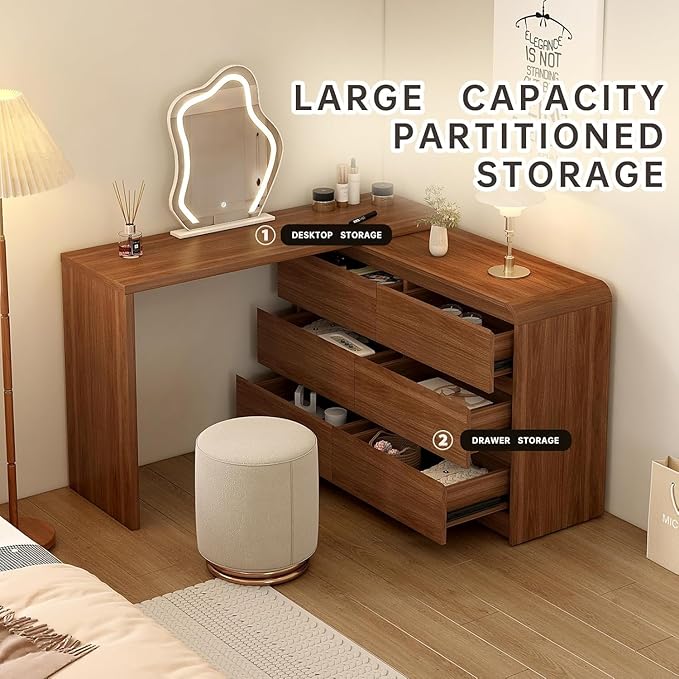 Makeup Vanity Desk with Touch Screen Mirror, 50-90 in Adjustable Sturdy Vanity Table Set with Chair, Bedroom Elegant Dressing Table for Women with 6-Drawer Rounded Corners Storage Cabinet, Brown