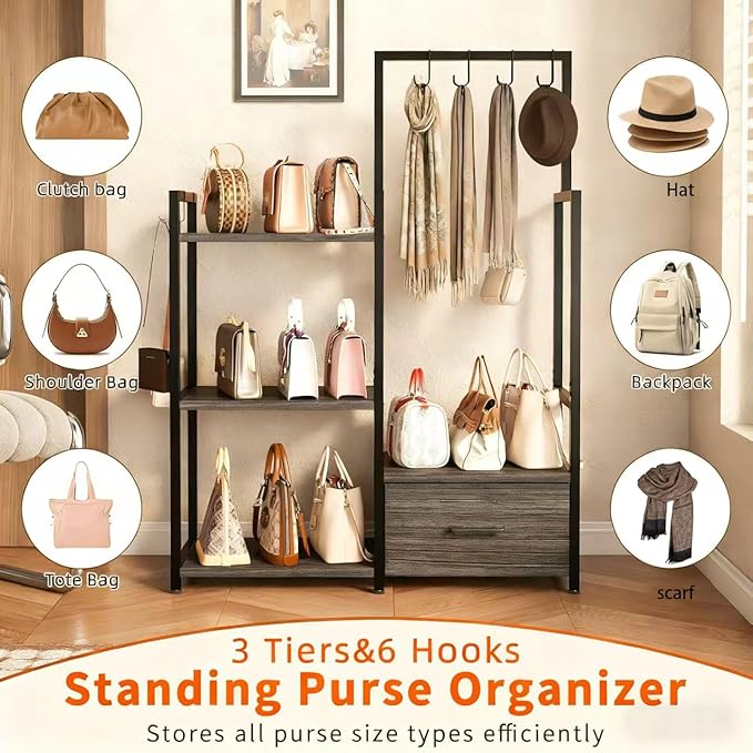 Industrial 4-Tier Storage Shelf with Drawer & Hanging Hooks - Metal & Wood Entryway Organizer Rack for Bedroom, Living Room - Freestanding Clothing Coat Rack with Multi-Level Shelves (Black)