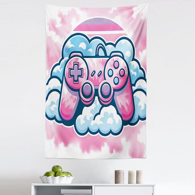 Ambesonne Pink Tapestry, Girly Gamer Concept Design with a Controller and Clouds on a Soft Tie Dye Sky, Fabric Wall Hanging Decor for Bedroom Living Room Dorm, 30" X 45", Purple Pale Blue